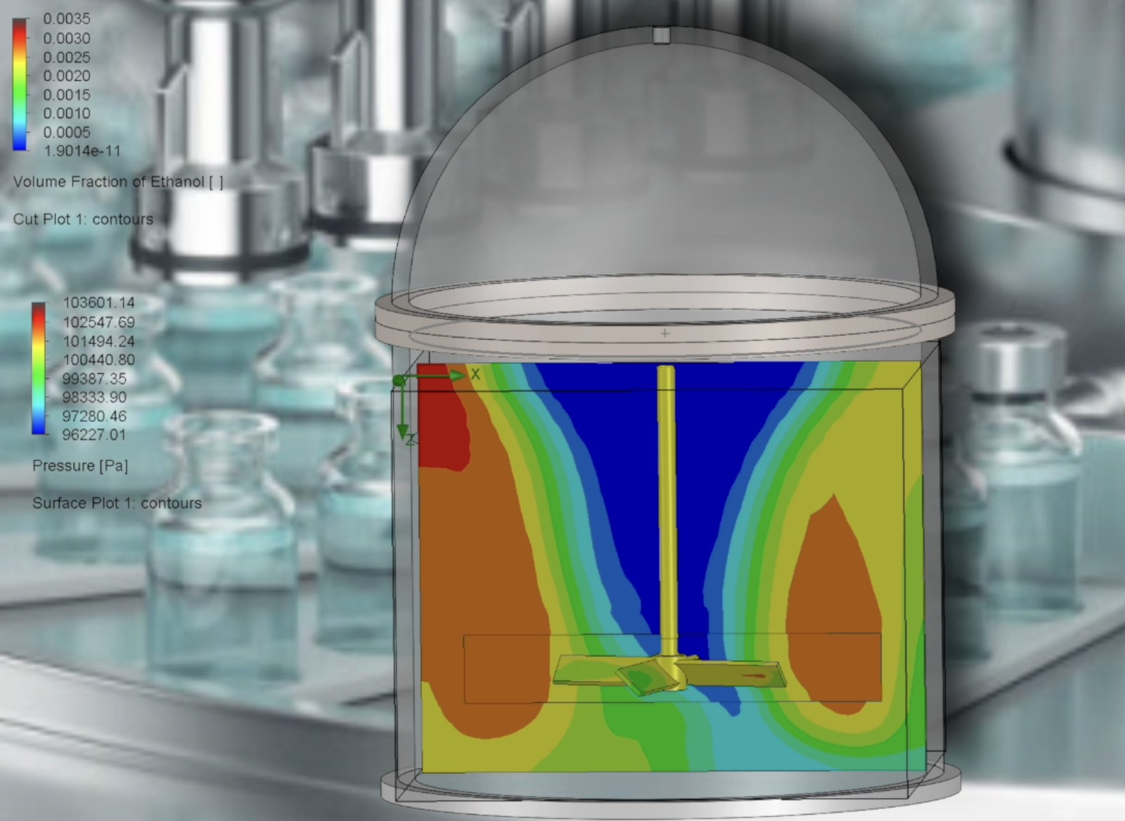SolidWorks flow simulation of the Acqualizer mixer, a cut plot showing volume fraction of water and pressure contours inside the vessel